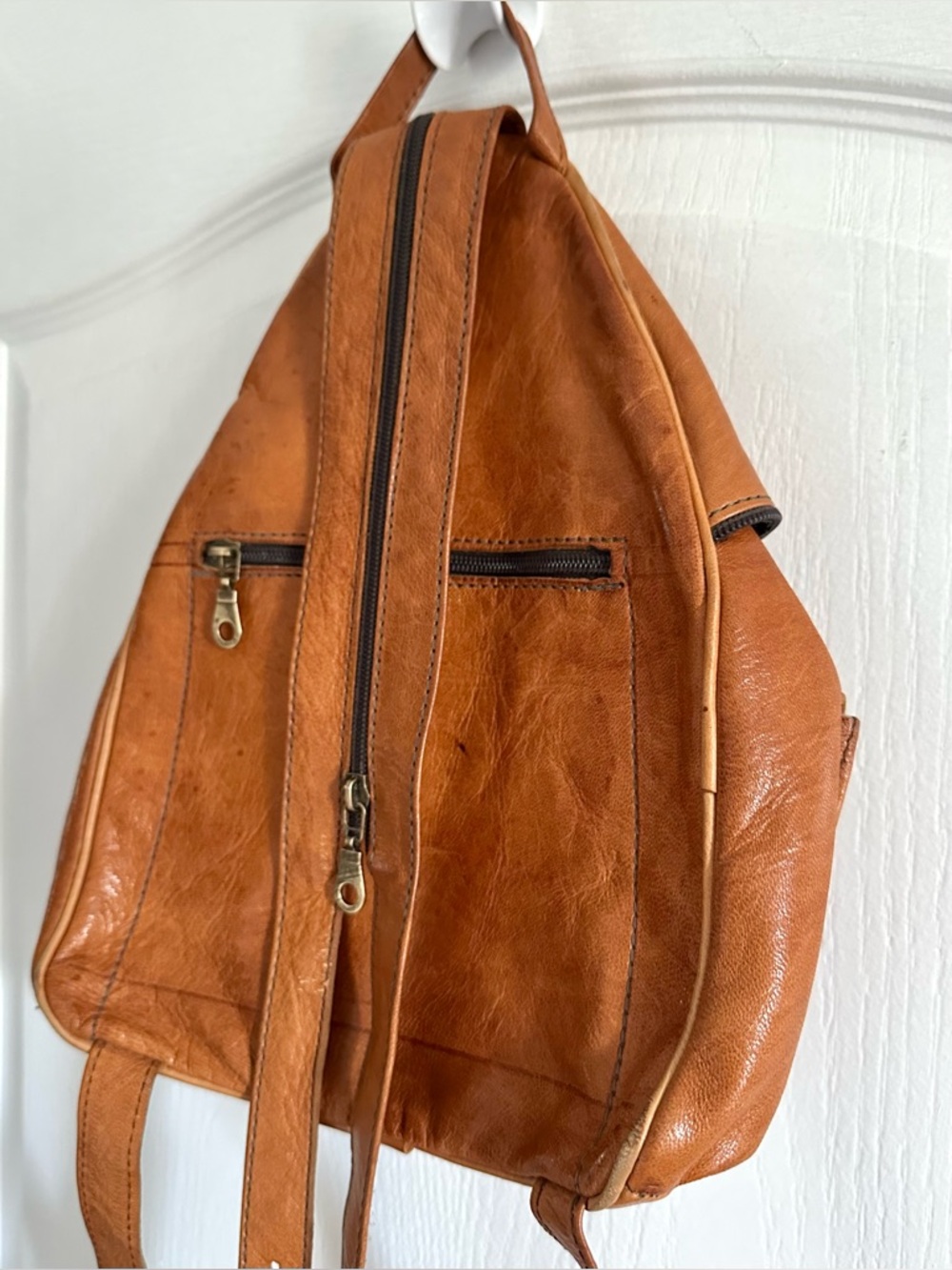 VINTAGE HANDMADE FULL GRAIN MOROCCAN BROWN LEATHER BACKPACK BAG - Picture 7 of 9